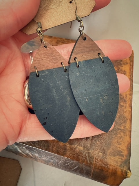 Boho Navy Cork & Walnut Wood Earrings  - Lightweight