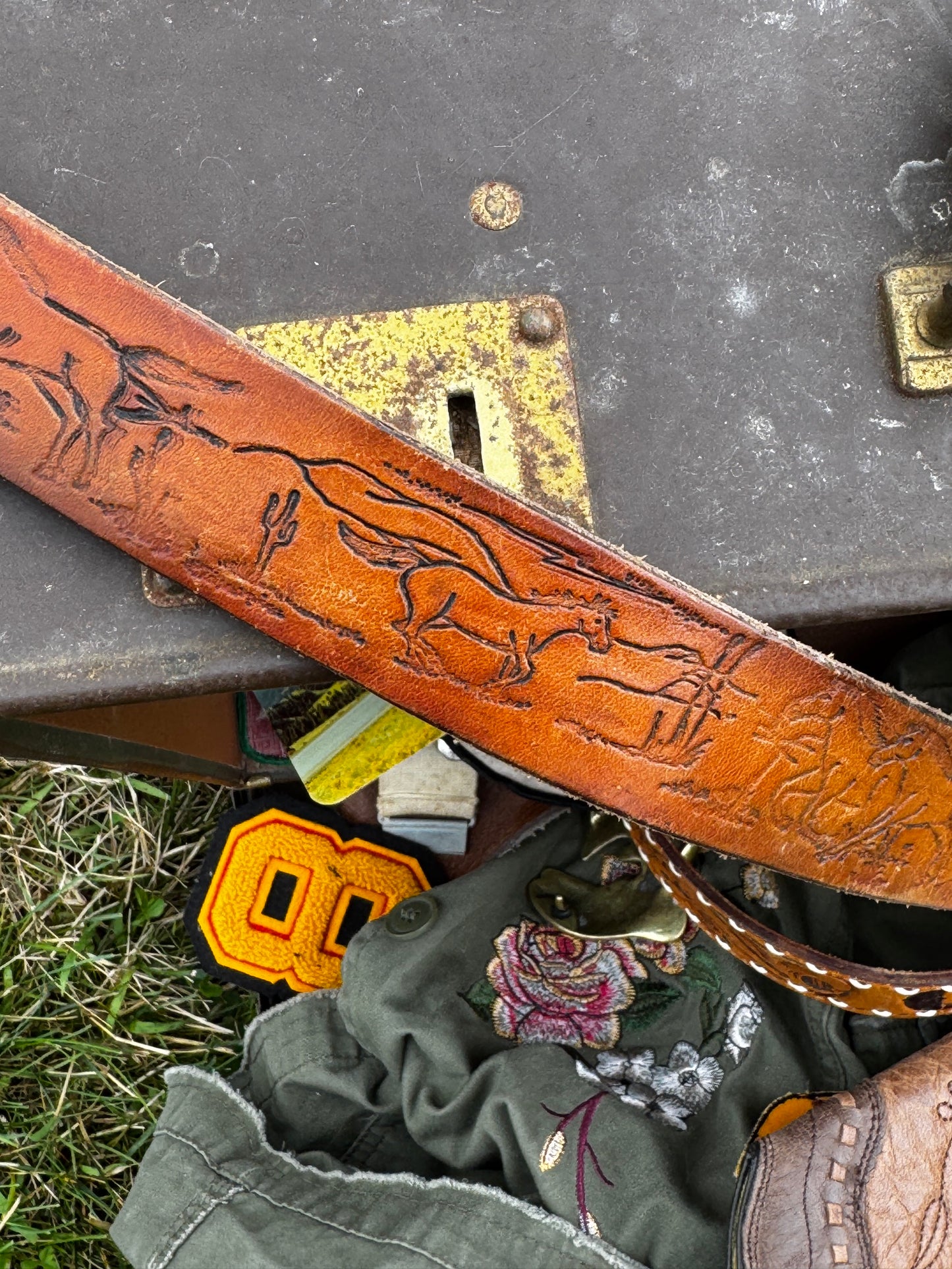 Vintage Leather Belt with Harvey Stamped Western Horse/Cactus Design
