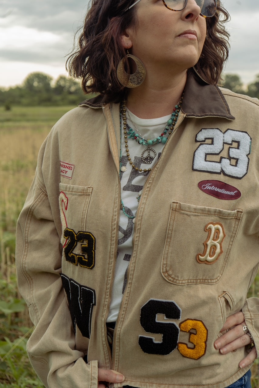 A Patched Upcycled Cream Barn Jacket with Patches - Western Retro Style - Brown funky Patchwork