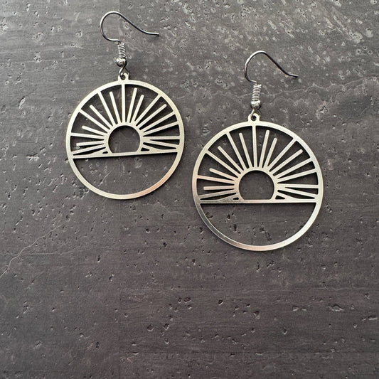 Handcrafted Sunburst Silver Hoop Earrings - Minimalist Boho Dangle Jewelry inspired by Sun Rays from our Exclusive Metal Collection