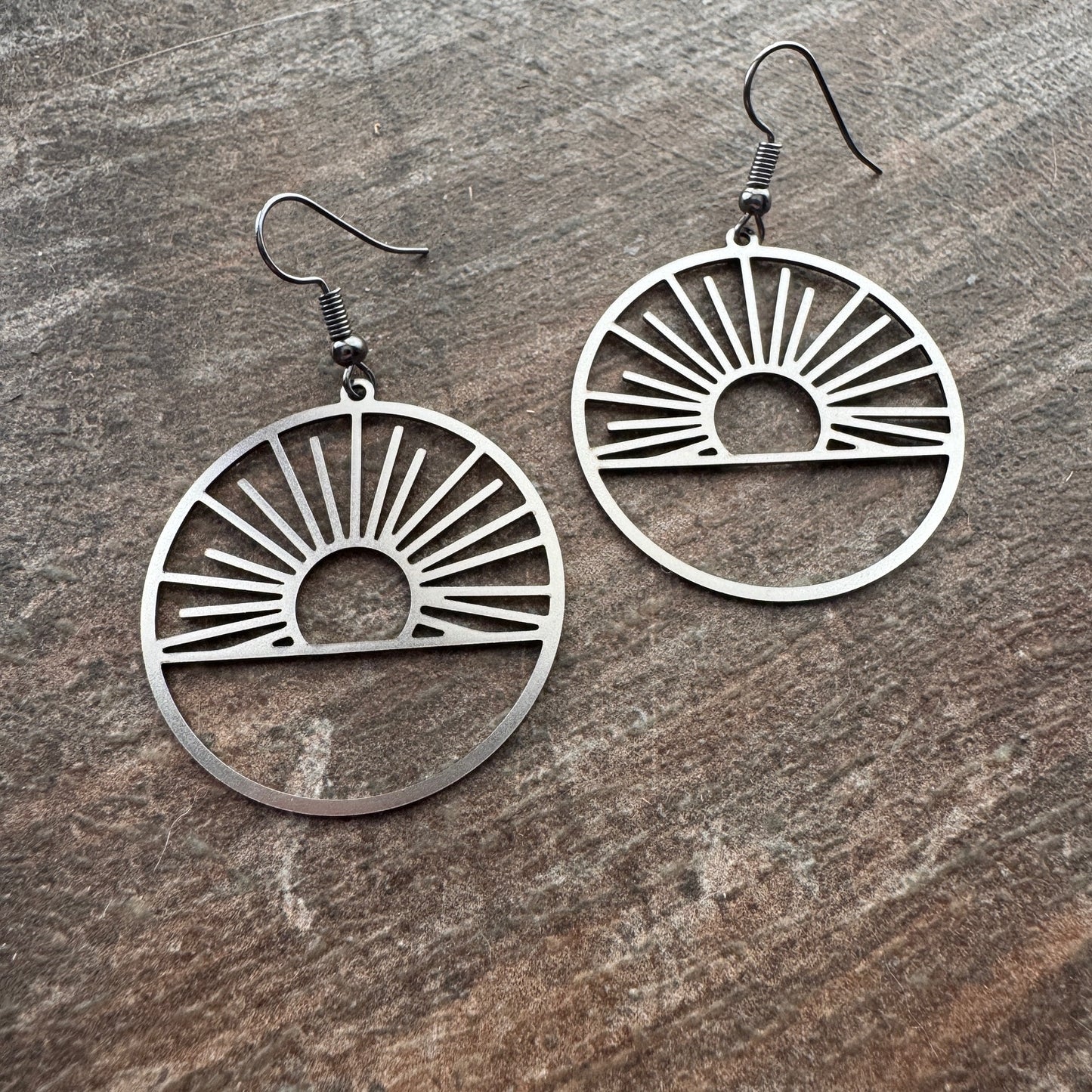 Handcrafted Sunburst Silver Hoop Earrings - Minimalist Boho Dangle Jewelry inspired by Sun Rays from our Exclusive Metal Collection