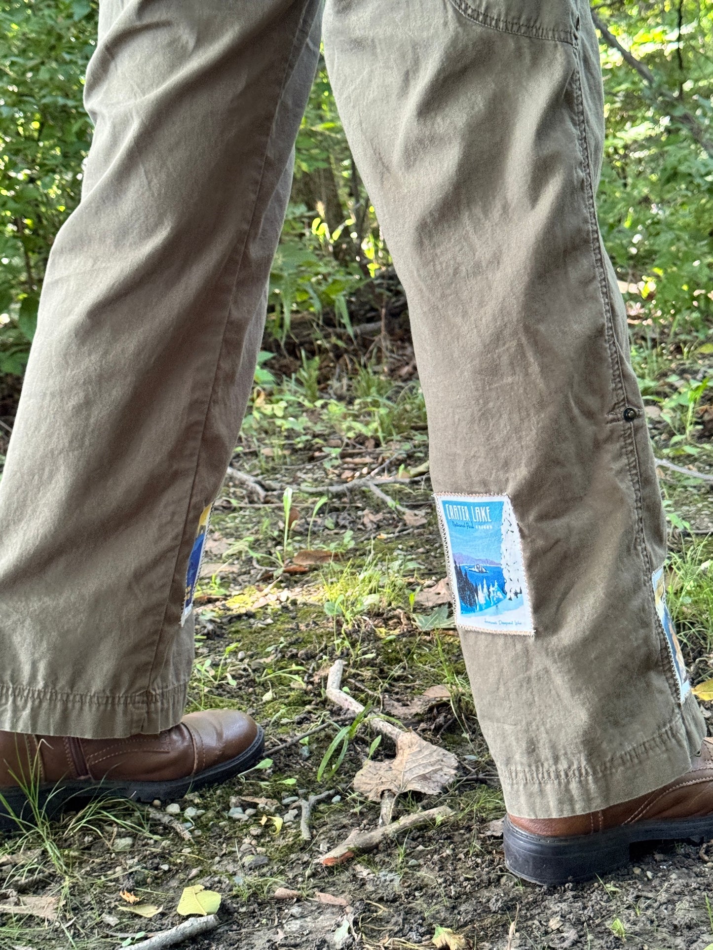 Free People Dupe National Parks Olive Green Cargo Pants- Vintage americana Patch vest - One-of-a-kind Wearable Art