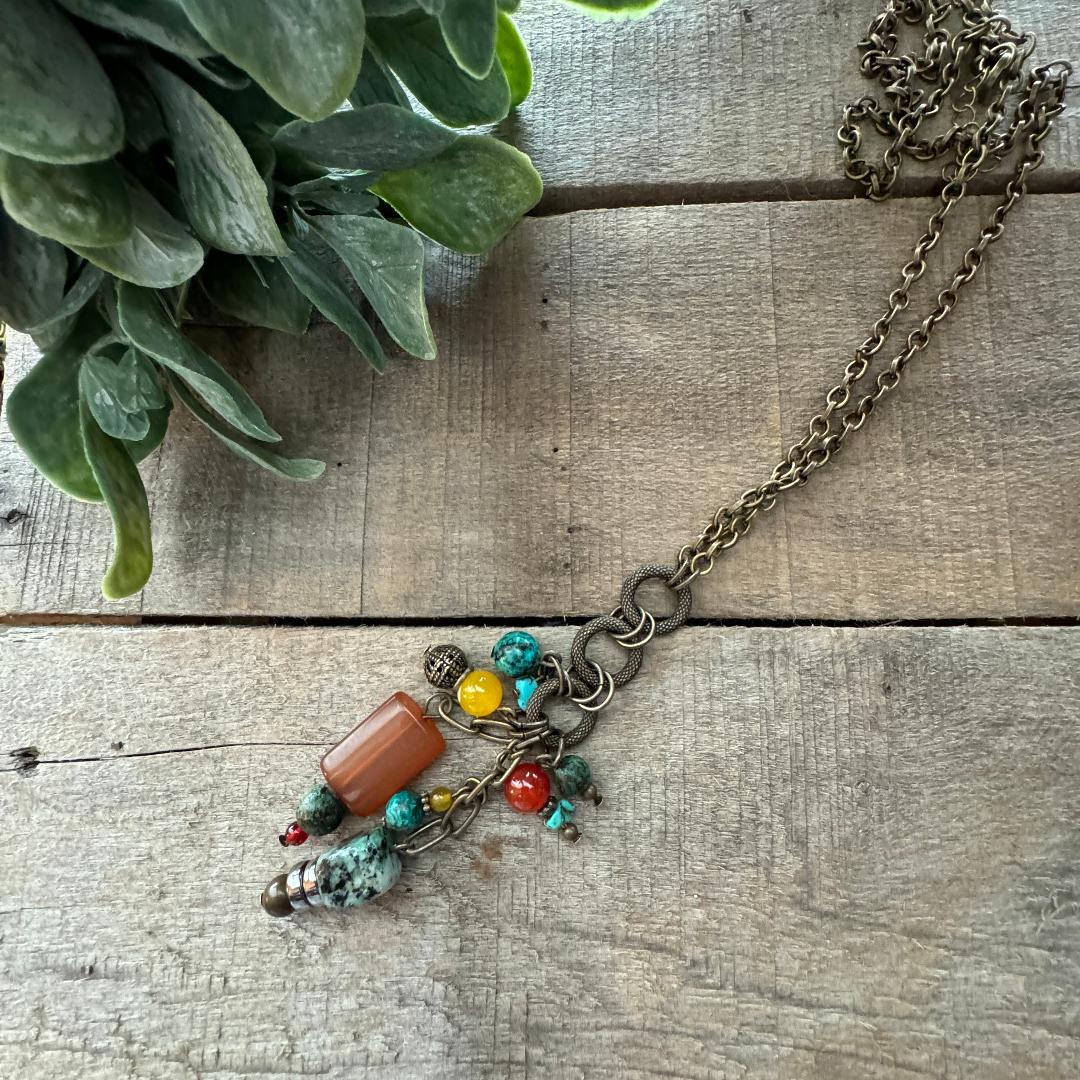 Long Natural Stone Charm Necklace, burnt orange and turquoise beads