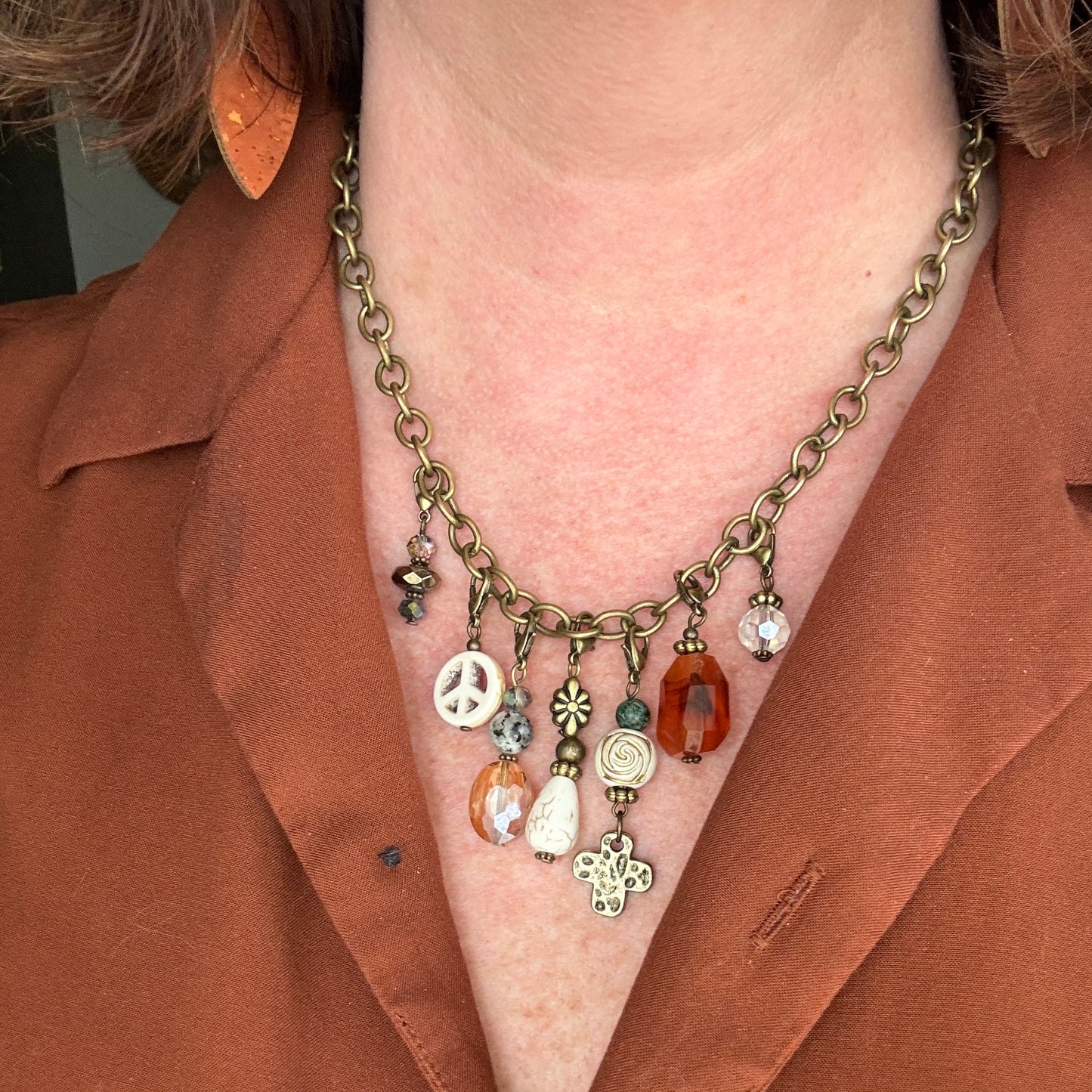 Short Bronze Charm Necklace with 7 detachable charms