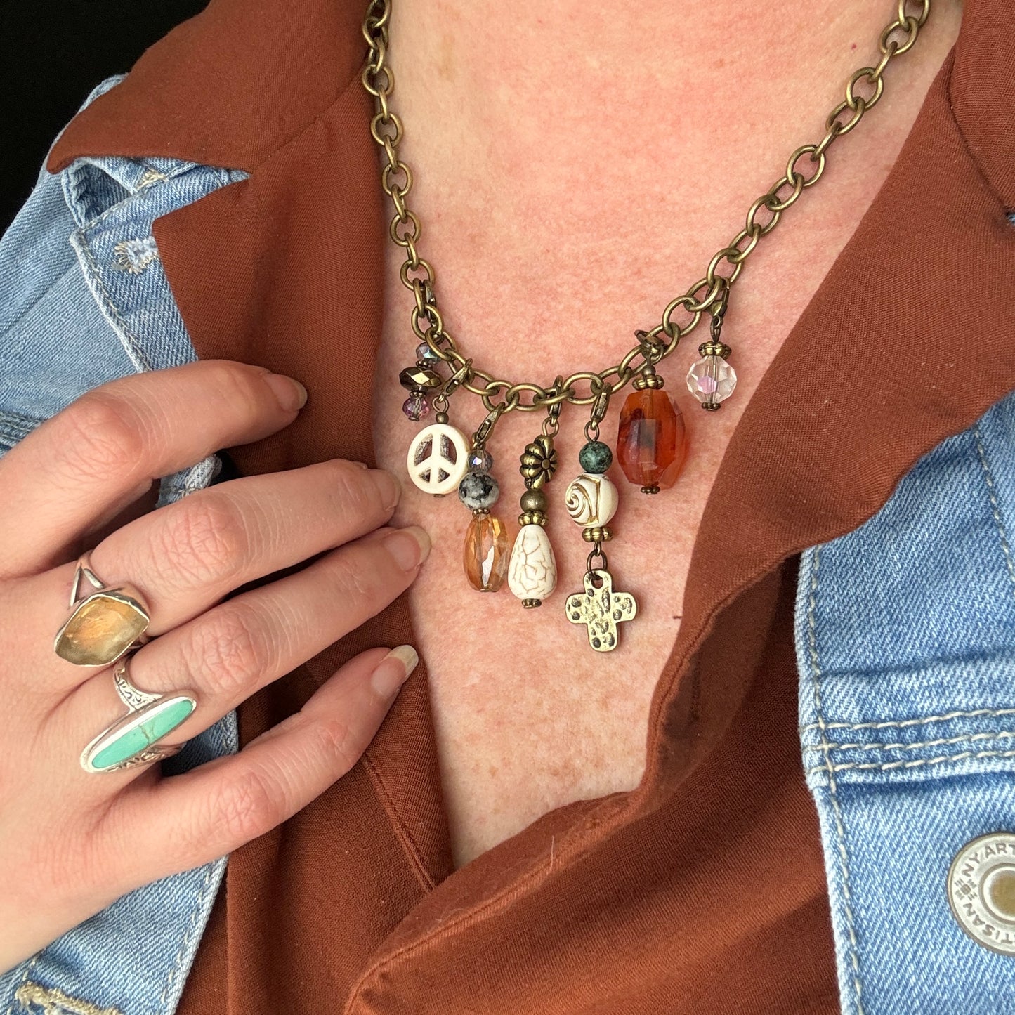 Short Bronze Charm Necklace with 7 detachable charms