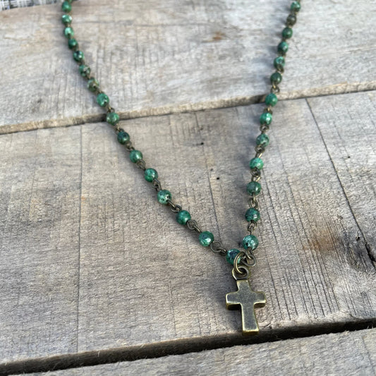 Religious African Turquoise Beaded Cross Necklace - Short Layering Necklace
