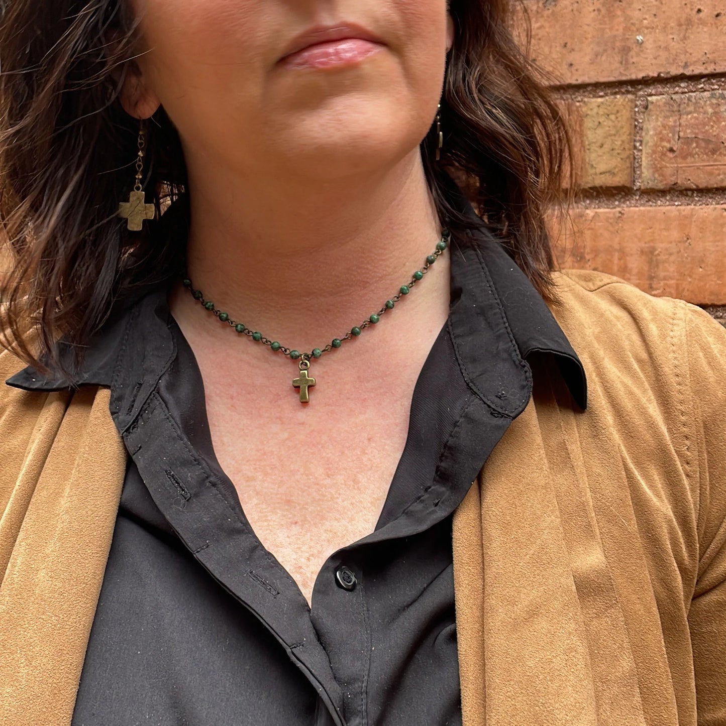 Religious African Turquoise Beaded Cross Necklace - Short Layering Necklace