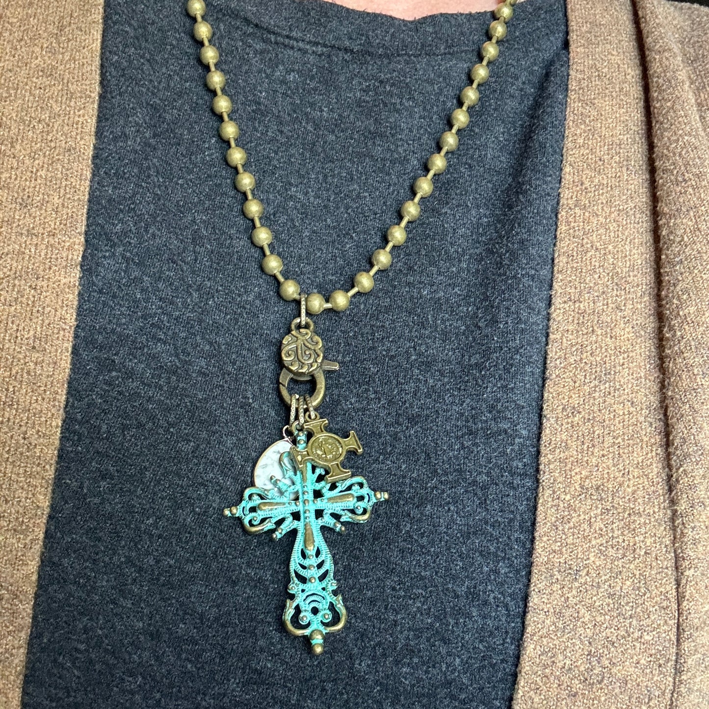Ball Chain Necklace with 3 Charms, Bronze Cross, Turquoise Cross and Marble Charm