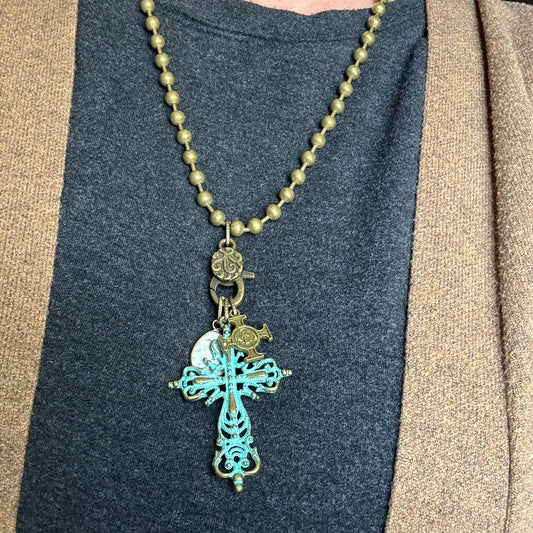 Ball Chain Necklace with 3 Charms, Bronze Cross, Turquoise Cross and Marble Charm