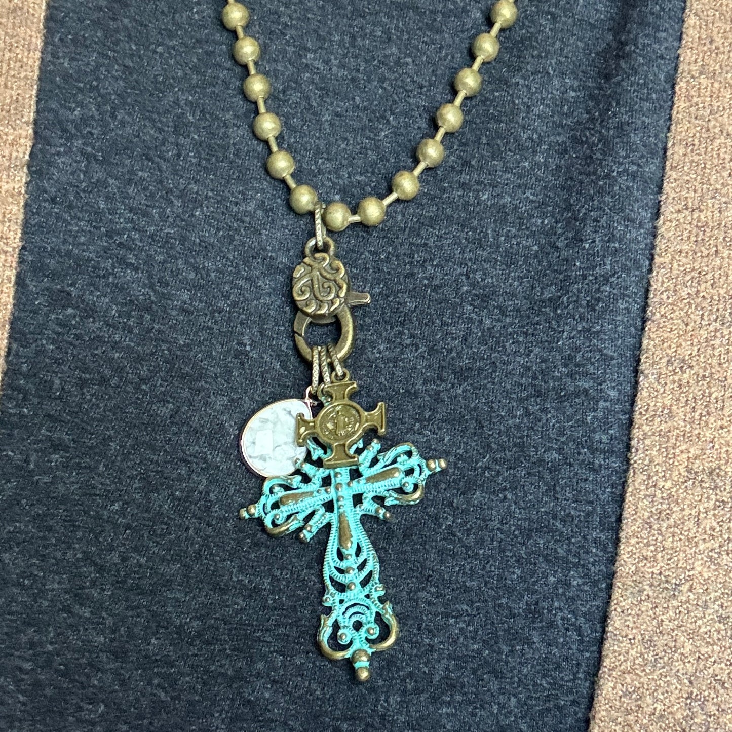 Ball Chain Necklace with 3 Charms, Bronze Cross, Turquoise Cross and Marble Charm