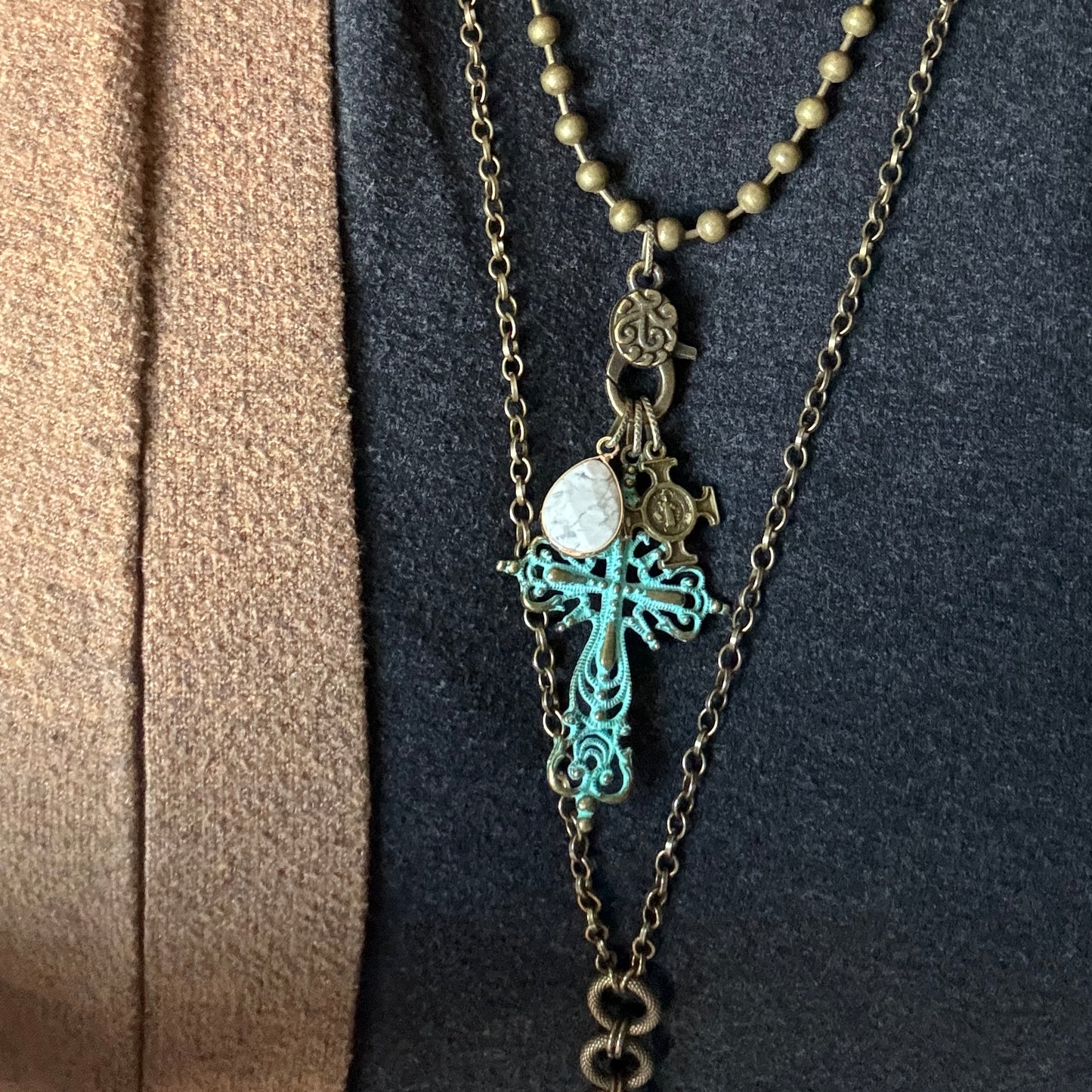 Ball Chain Necklace with 3 Charms, Bronze Cross, Turquoise Cross and Marble Charm