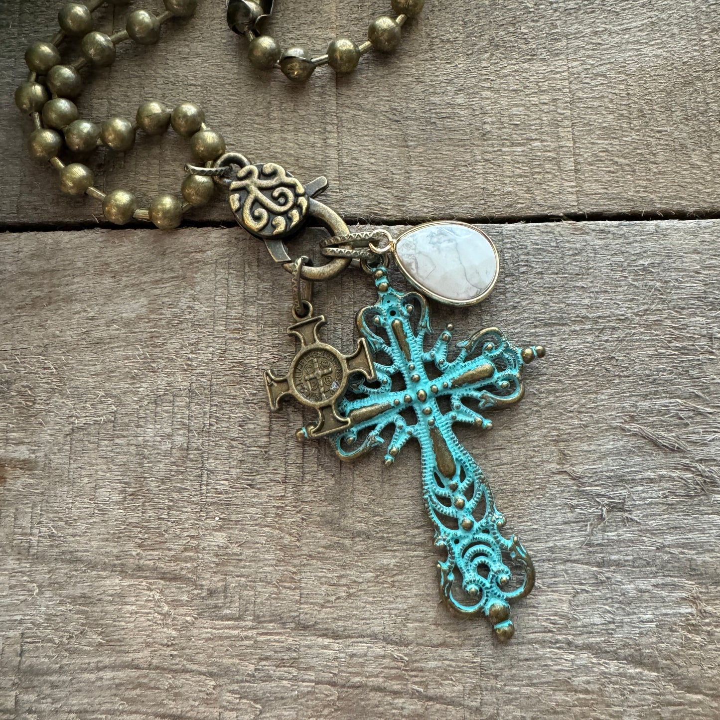 Ball Chain Necklace with 3 Charms, Bronze Cross, Turquoise Cross and Marble Charm