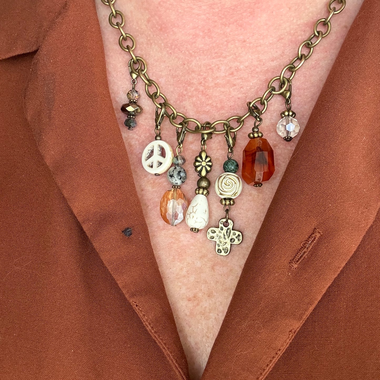 Short Bronze Charm Necklace with 7 detachable charms