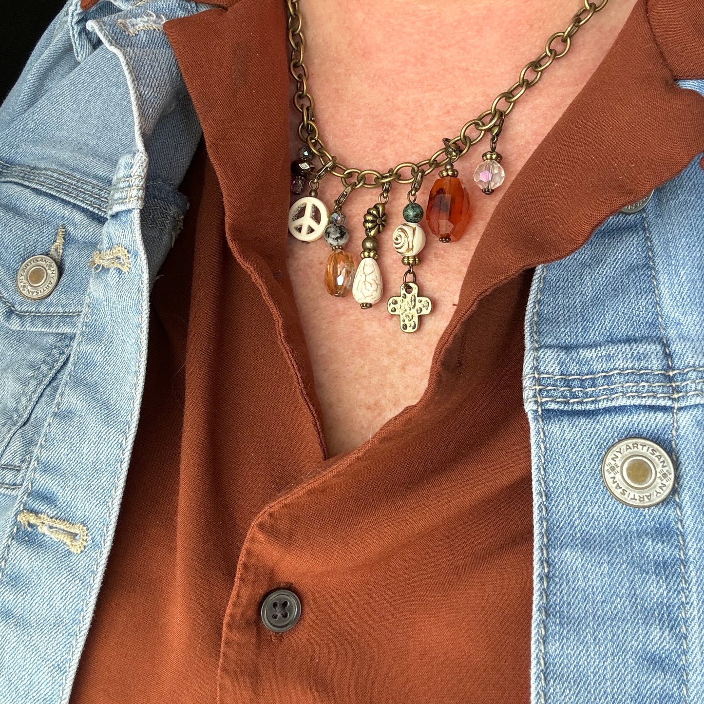 Short Bronze Charm Necklace with 7 detachable charms