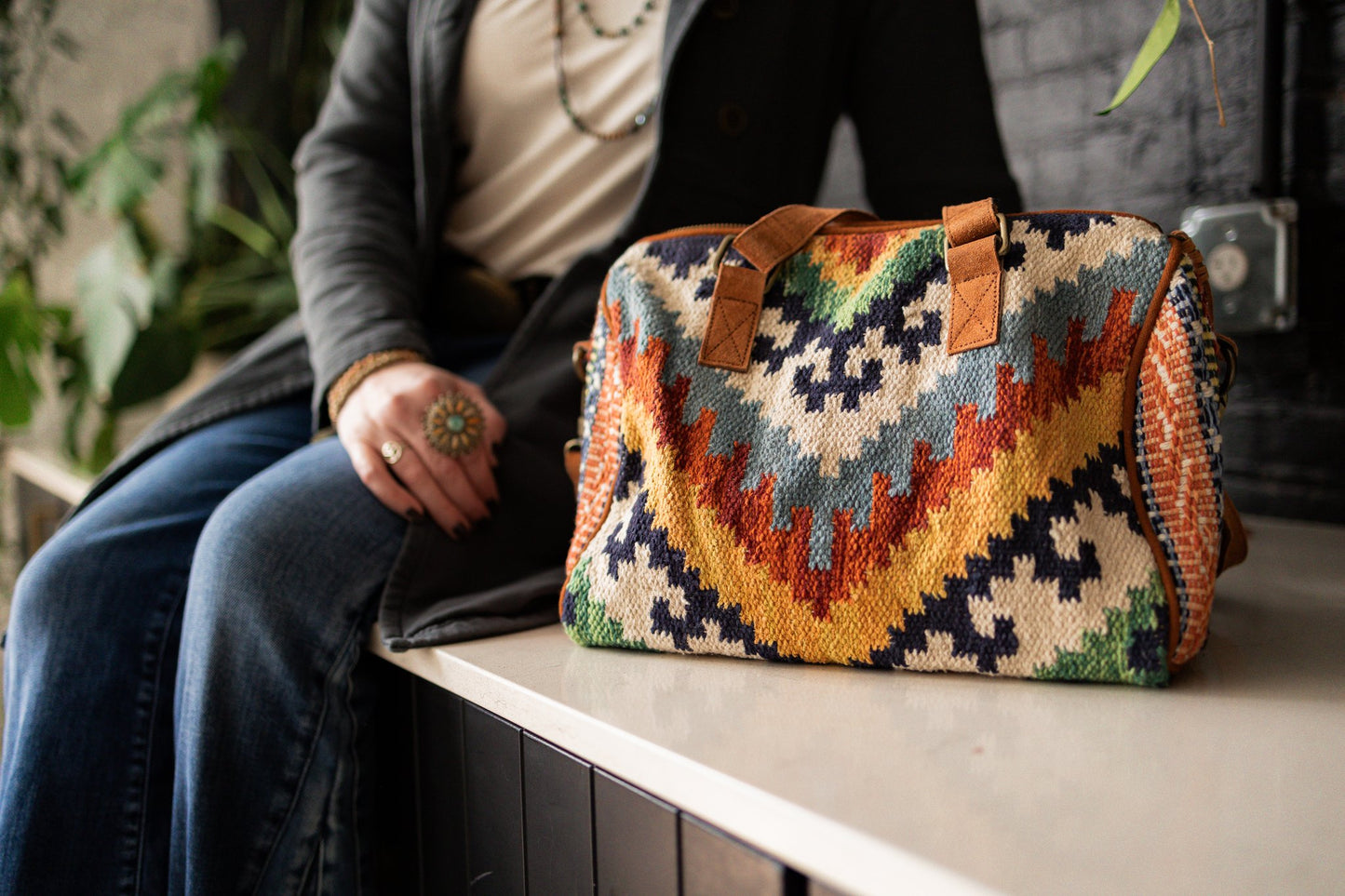 Aztec Woven Southwestern Style Bag with Suede Straps