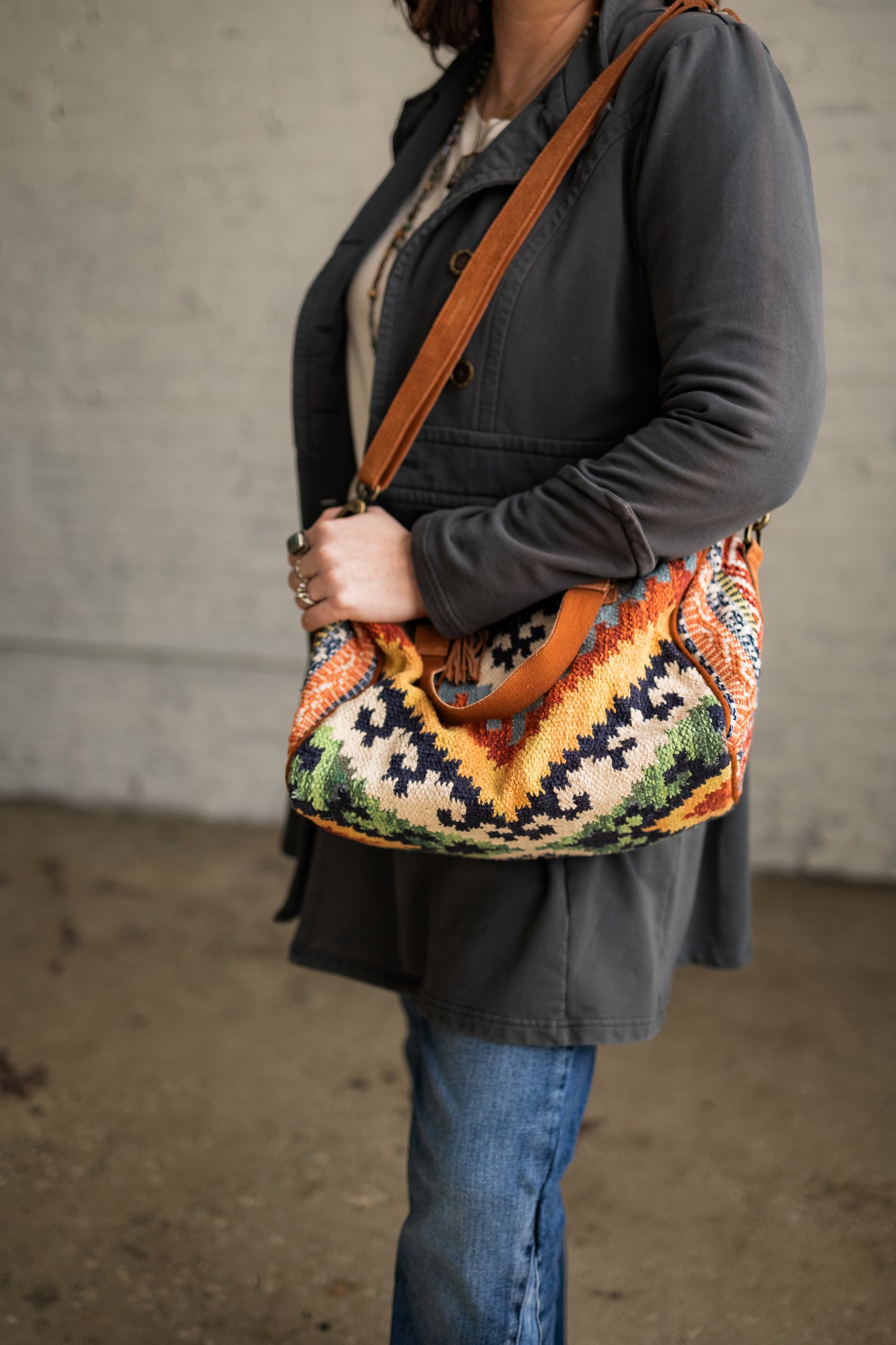 Aztec Woven Southwestern Style Bag with Suede Straps