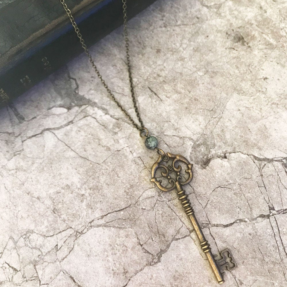 Key Antique Necklace with African Matte Stone Bead - Skeleton Key