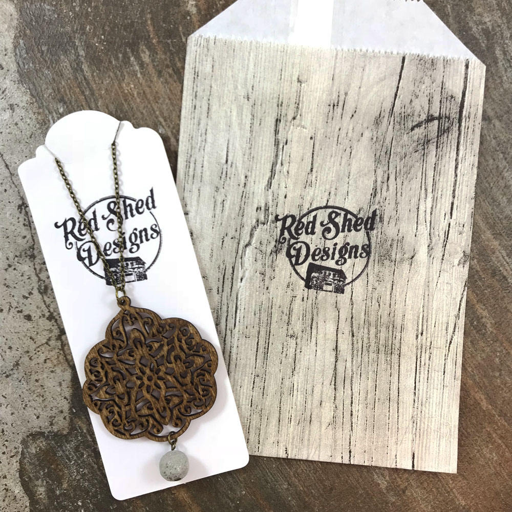 Birch Wood Medallion Pendant with Concrete Bead Necklace, Natural, Boho, Layering Necklace - Wood and Concrete Collection