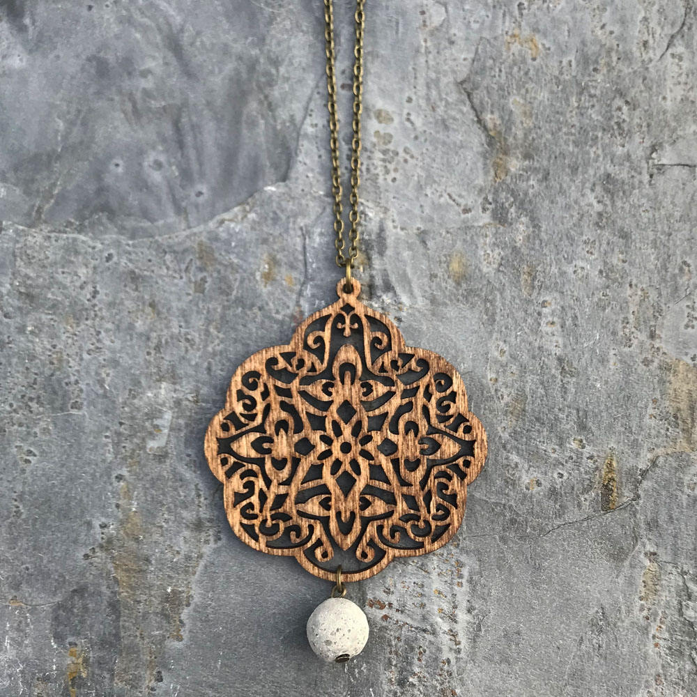 Birch Wood Medallion Pendant with Concrete Bead Necklace, Natural, Boho, Layering Necklace - Wood and Concrete Collection