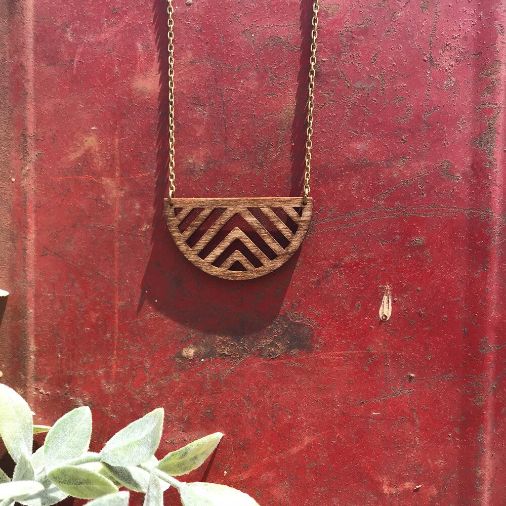 Geometric Half Moon Birch Wood Necklace, Natural Layering Necklace