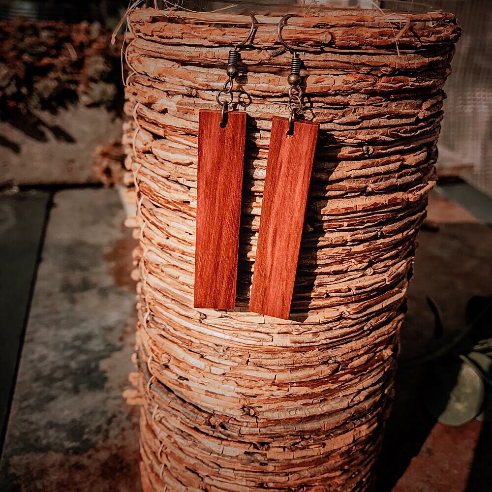 Long Red Boho Lightweight Wood Earrings - Redheart Wood Bar Style