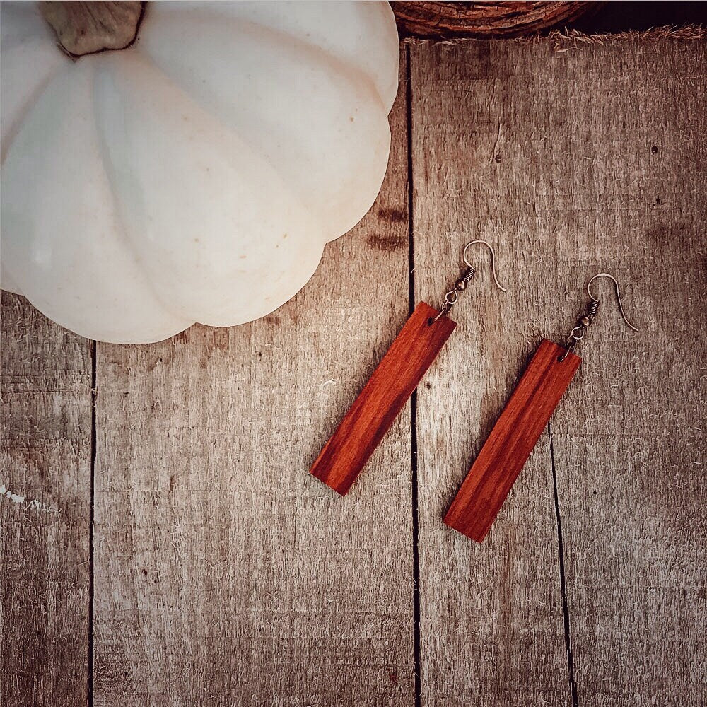 Long Red Boho Lightweight Wood Earrings - Redheart Wood Bar Style