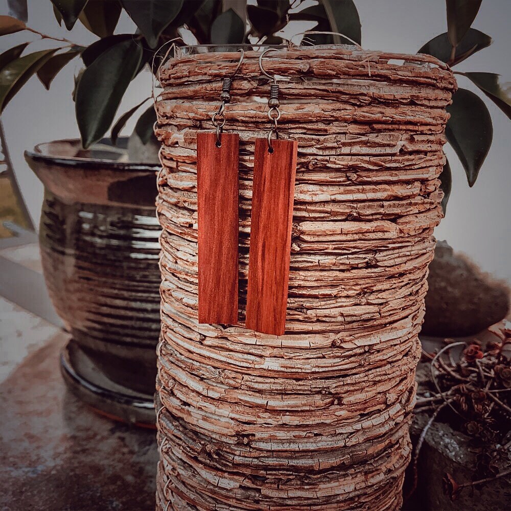 Long Red Boho Lightweight Wood Earrings - Redheart Wood Bar Style