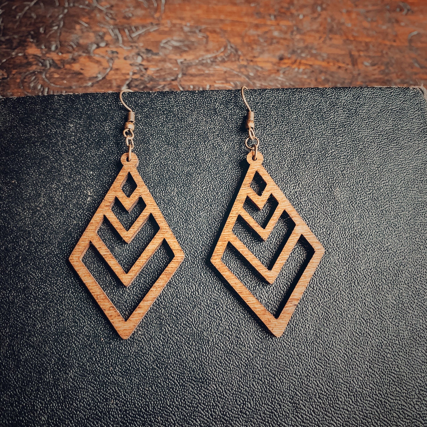 Long Diamond Chevron Birchwood Earrings, Natural, Boho Handmade Laser Cut