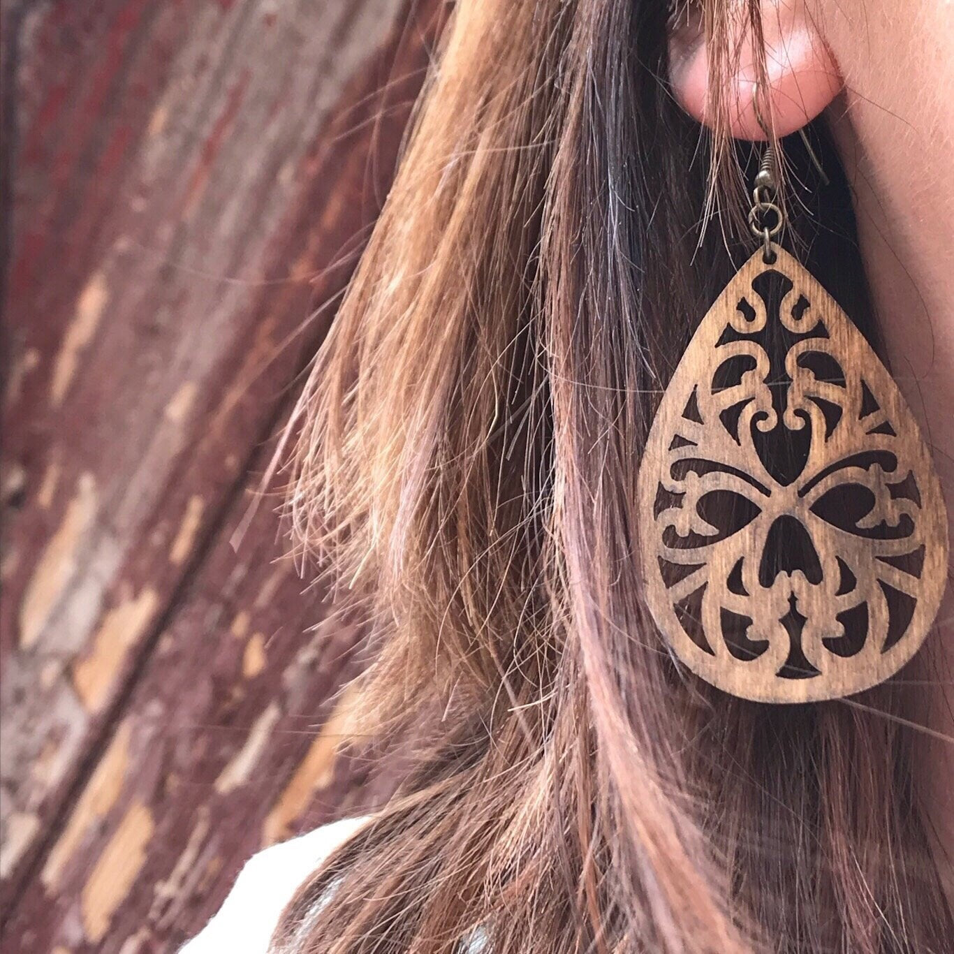 Lightweight Wood Teardrop Boho Earrings | Handcrafted Dark Stained Birch | Antique Bronze Hooks