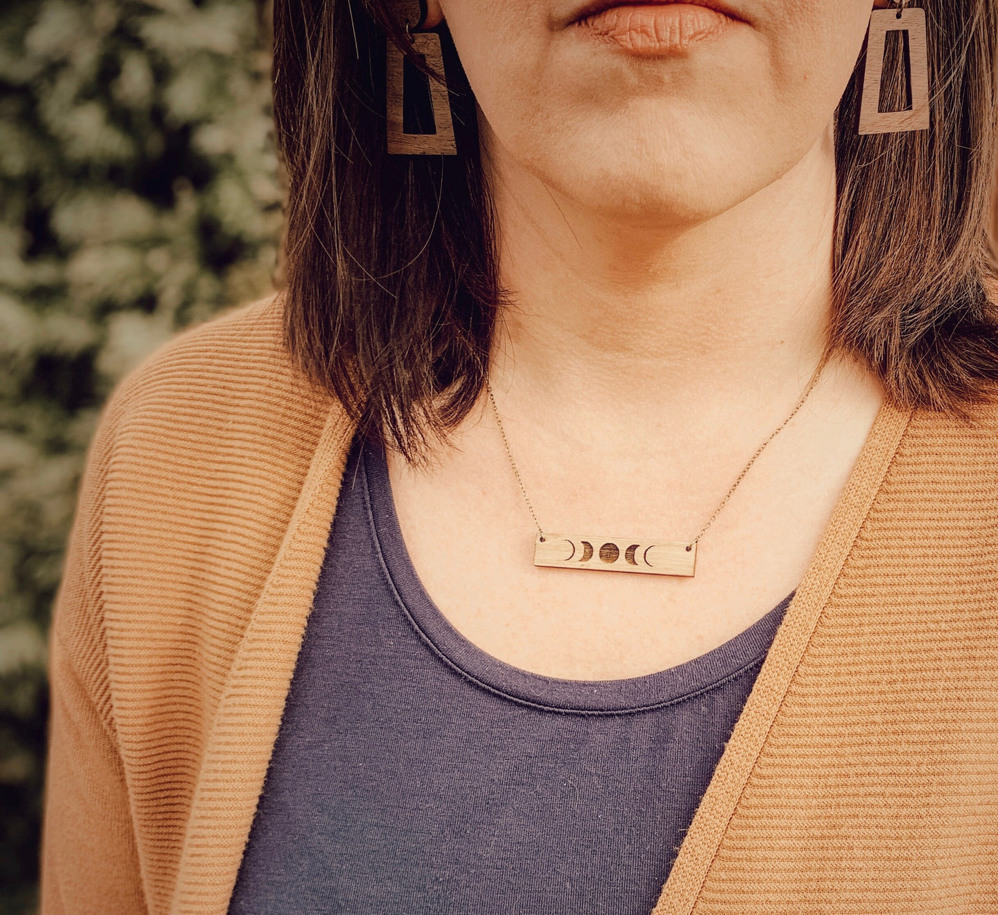 Bohemian Moon Phases Wood Bar Necklace - Minimalist - Laser Made Wood Necklace