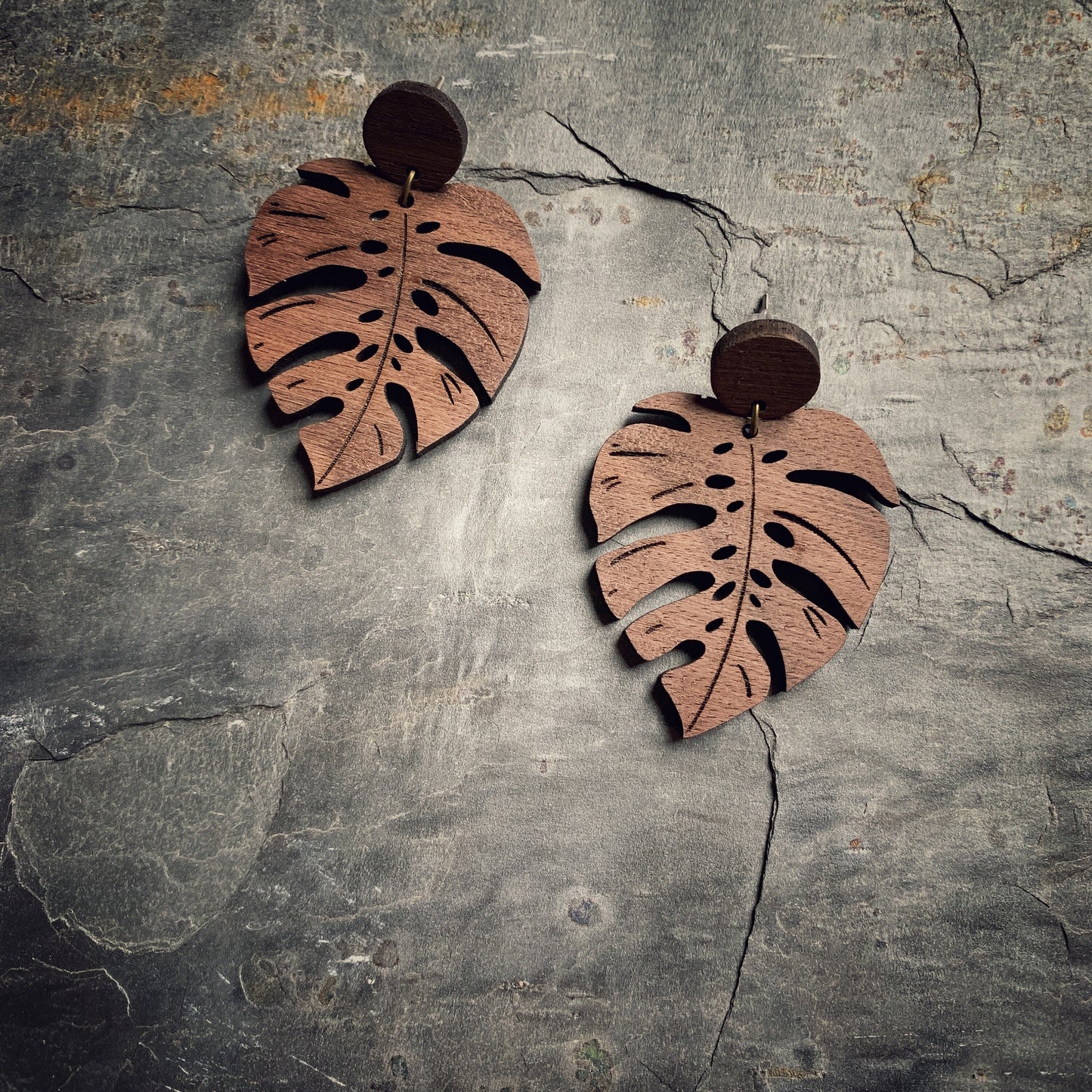 Walnut Wood Monstera Leaf Dangle Stud Earrings - Laser Cut Statement Earrings- Lightweight