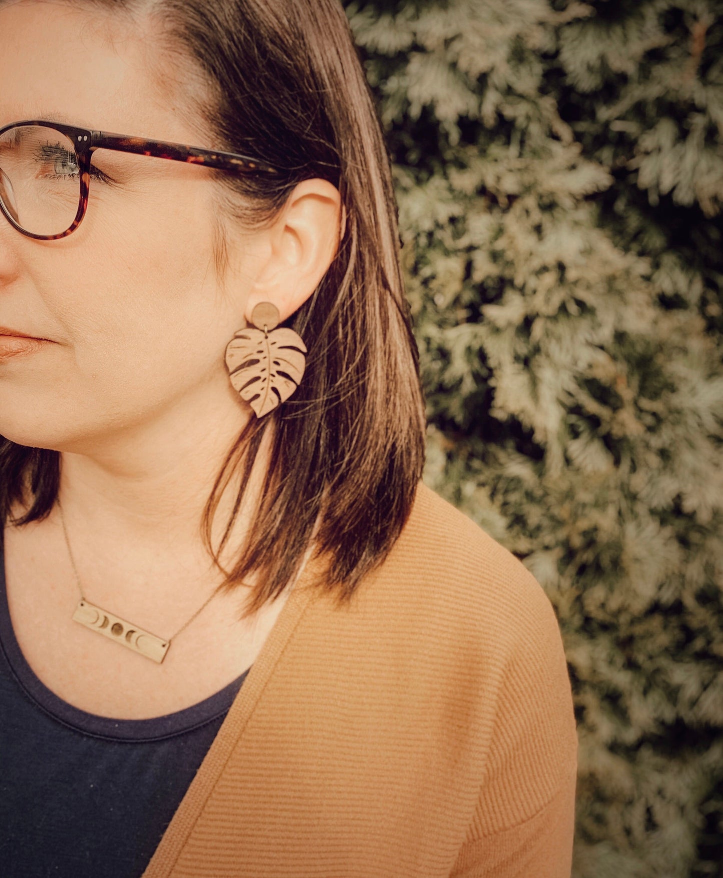 Walnut Wood Monstera Leaf Dangle Stud Earrings - Laser Cut Statement Earrings- Lightweight