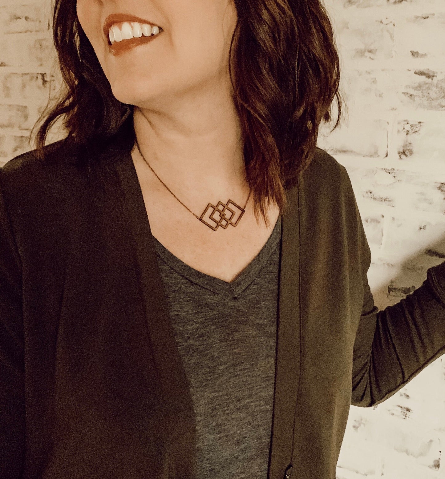 Geometric Square Birch Necklace, Modern Design, Laser Cut - Classic Wood Collection