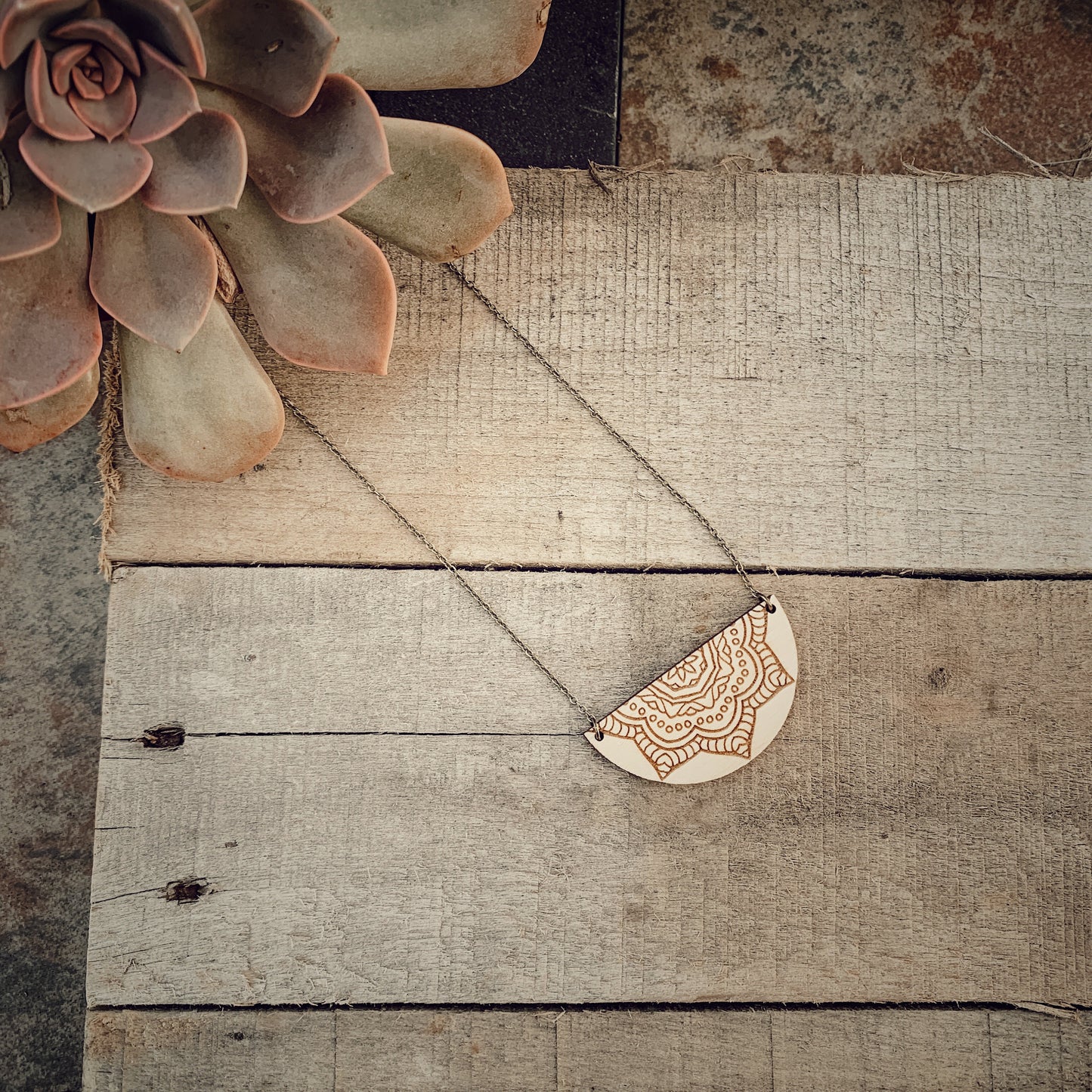 Wooden Half Moon Mandala Necklace - Boho Hippie Laser Cut Pendant - Positive Natural Jewelry