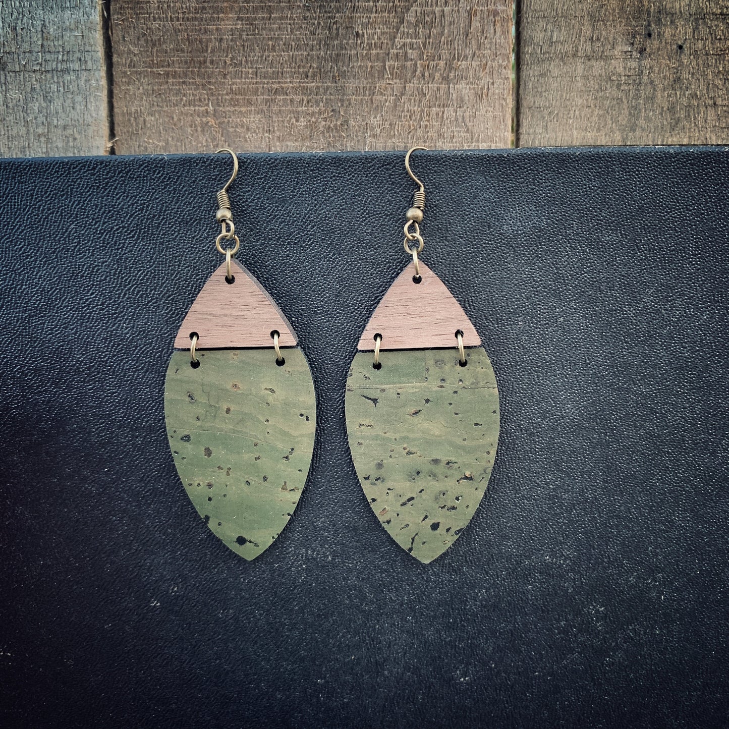 Boho Olive Green Cork & Walnut Wood Earrings