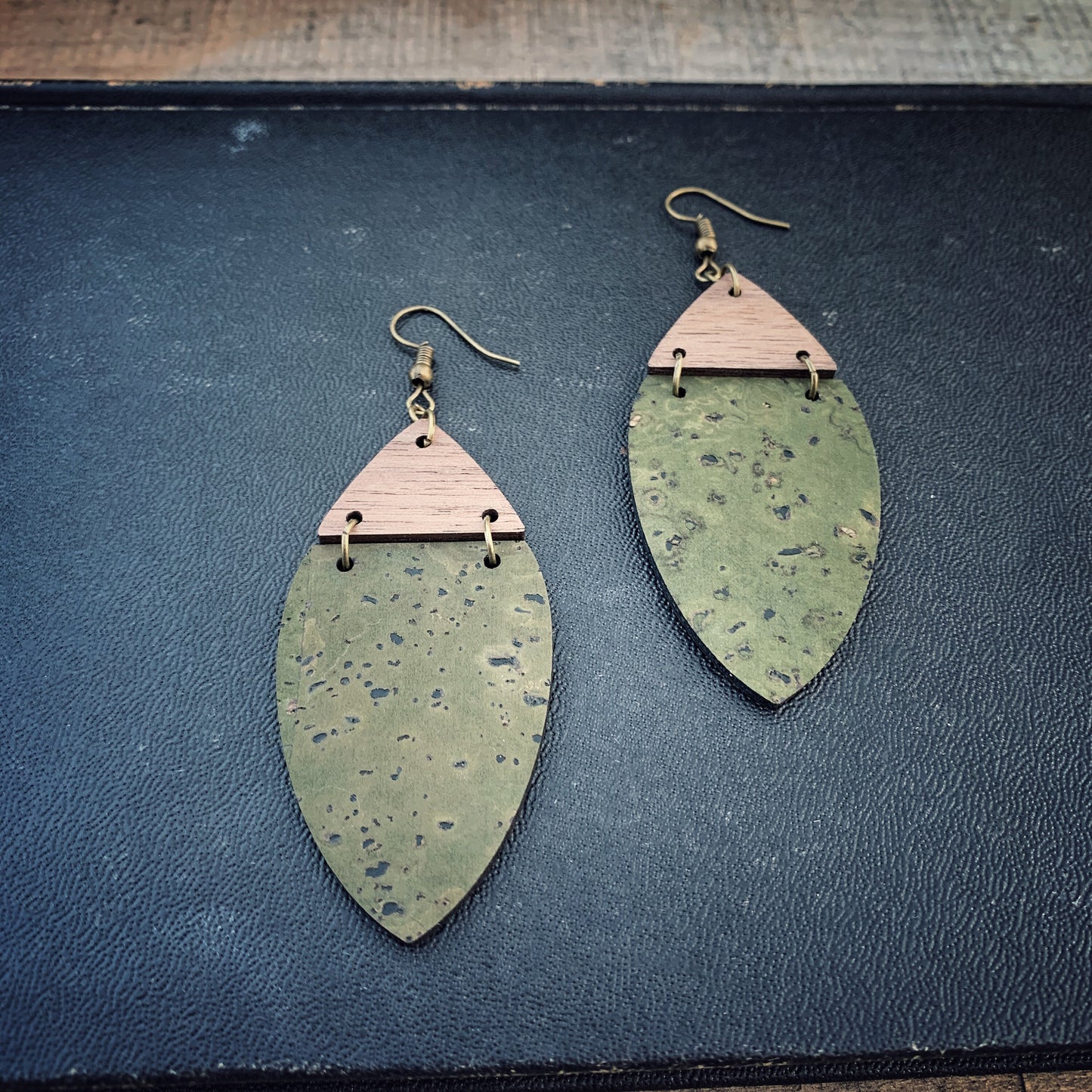 Boho Olive Green Cork & Walnut Wood Earrings