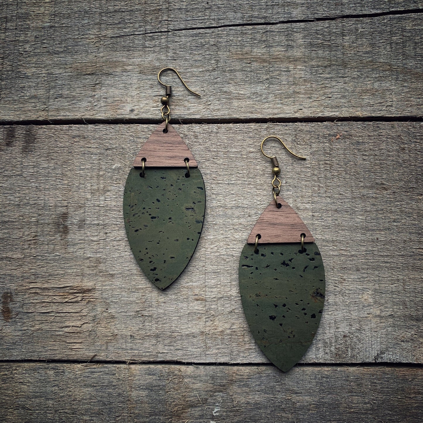 Boho Olive Green Cork & Walnut Wood Earrings