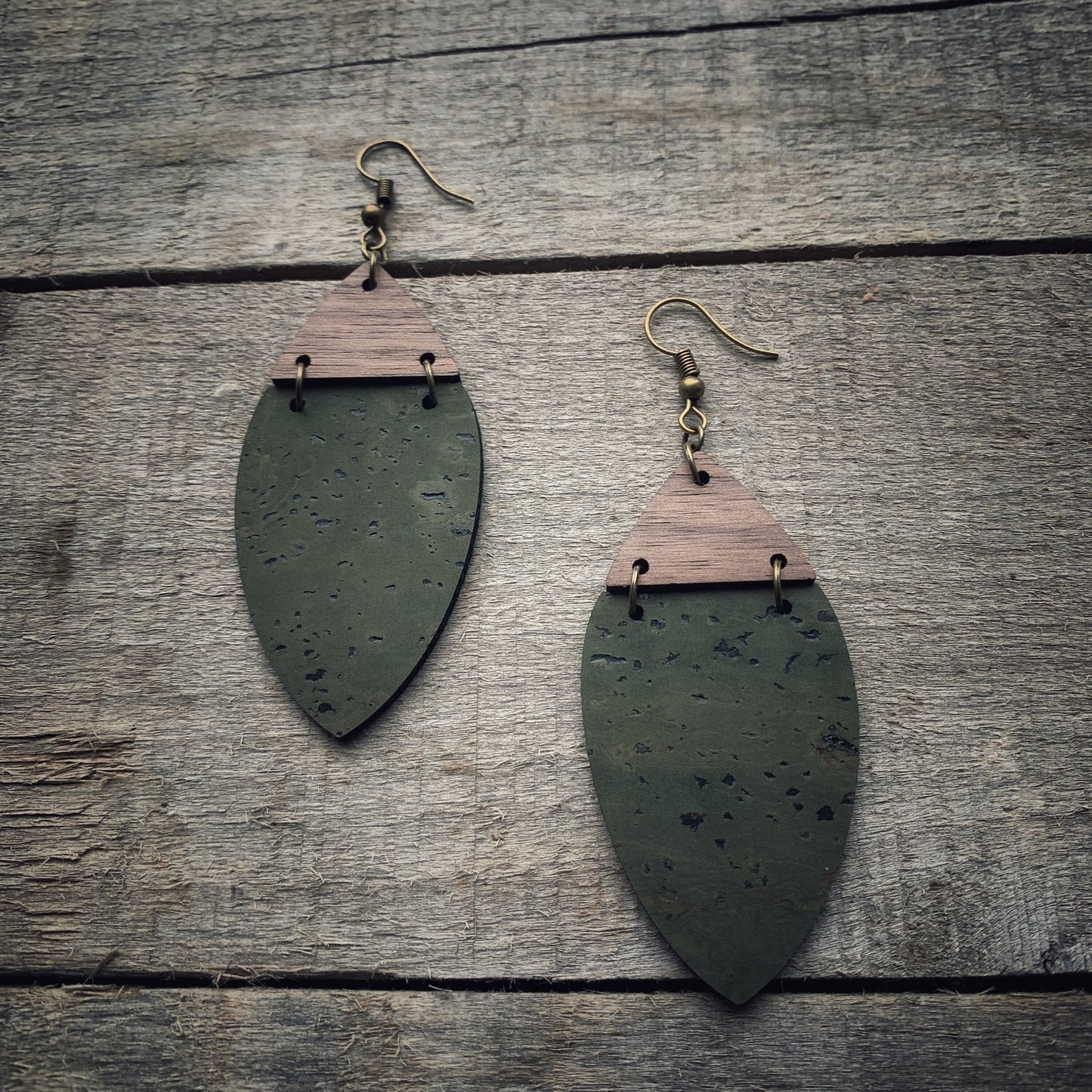 Boho Olive Green Cork & Walnut Wood Earrings