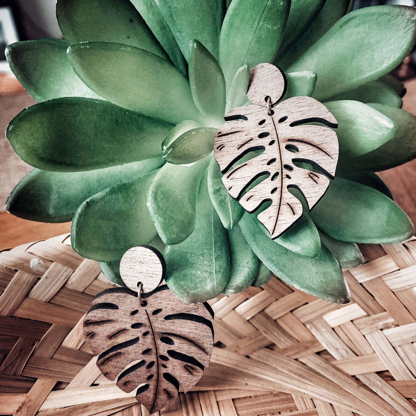 Walnut Wood Monstera Leaf Dangle Stud Earrings - Laser Cut Statement Earrings- Lightweight