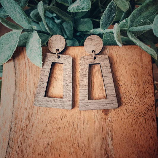 Walnut Wood Dangle Stud Earrings - Lightweight Boho Style