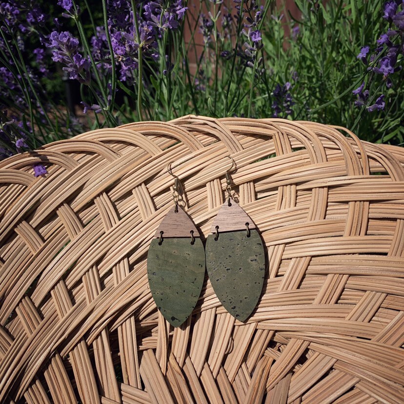 Boho Olive Green Cork & Walnut Wood Earrings