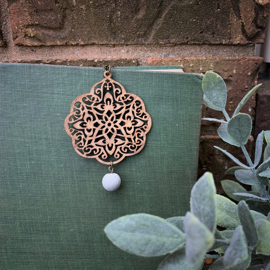 Birch Wood Medallion Pendant with Concrete Bead Necklace, Natural, Boho, Layering Necklace - Wood and Concrete Collection
