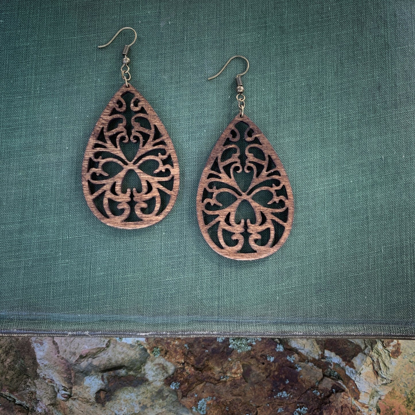 Lightweight Wood Teardrop Boho Earrings | Handcrafted Dark Stained Birch | Antique Bronze Hooks