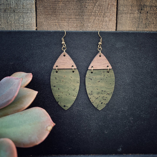 Boho Olive Green Cork & Walnut Wood Earrings