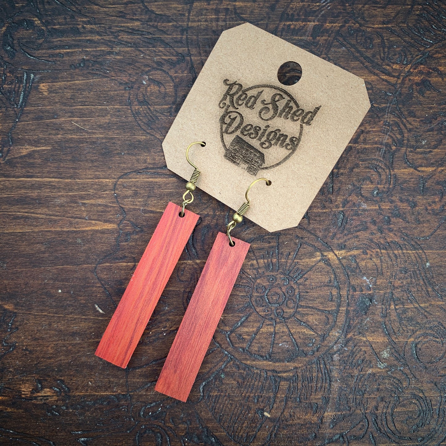 Long Red Boho Lightweight Wood Earrings - Redheart Wood Bar Style