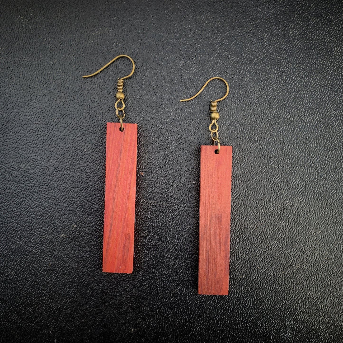 Long Red Boho Lightweight Wood Earrings - Redheart Wood Bar Style