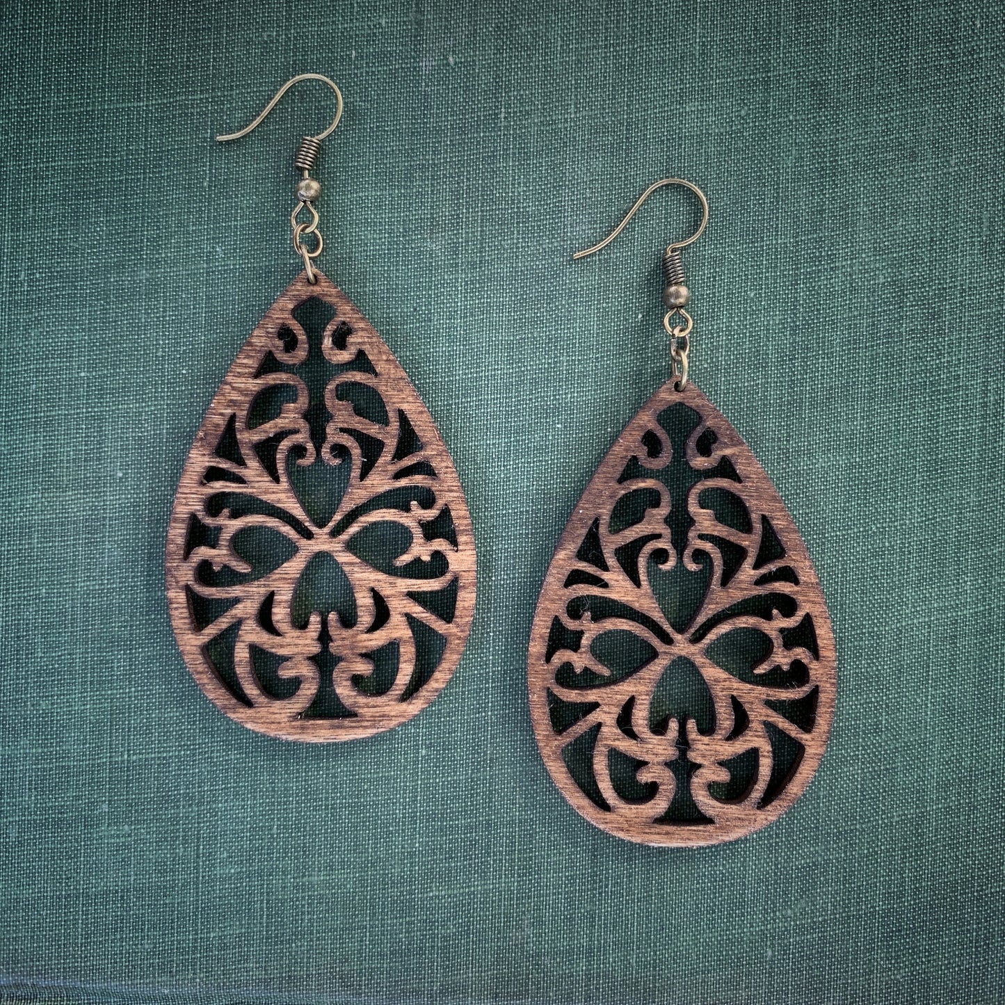 Lightweight Wood Teardrop Boho Earrings | Handcrafted Dark Stained Birch | Antique Bronze Hooks