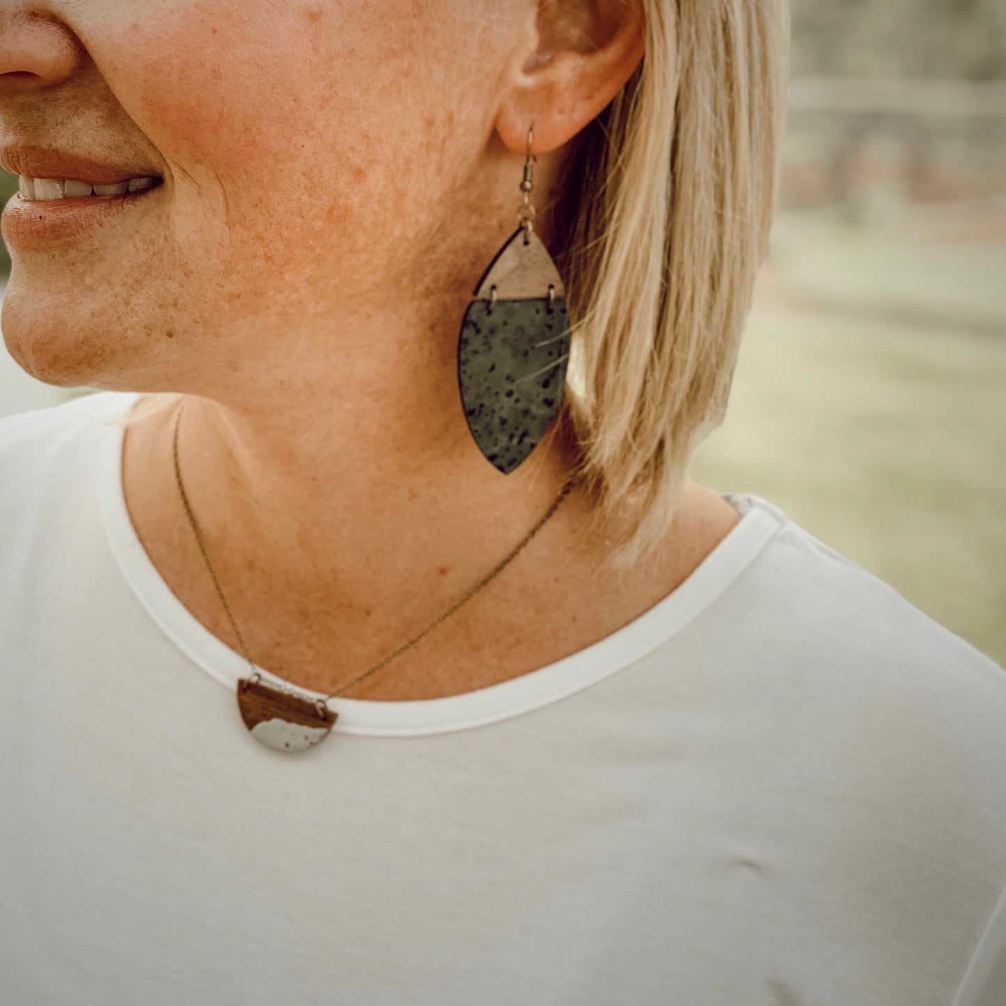 Boho Olive Green Cork & Walnut Wood Earrings