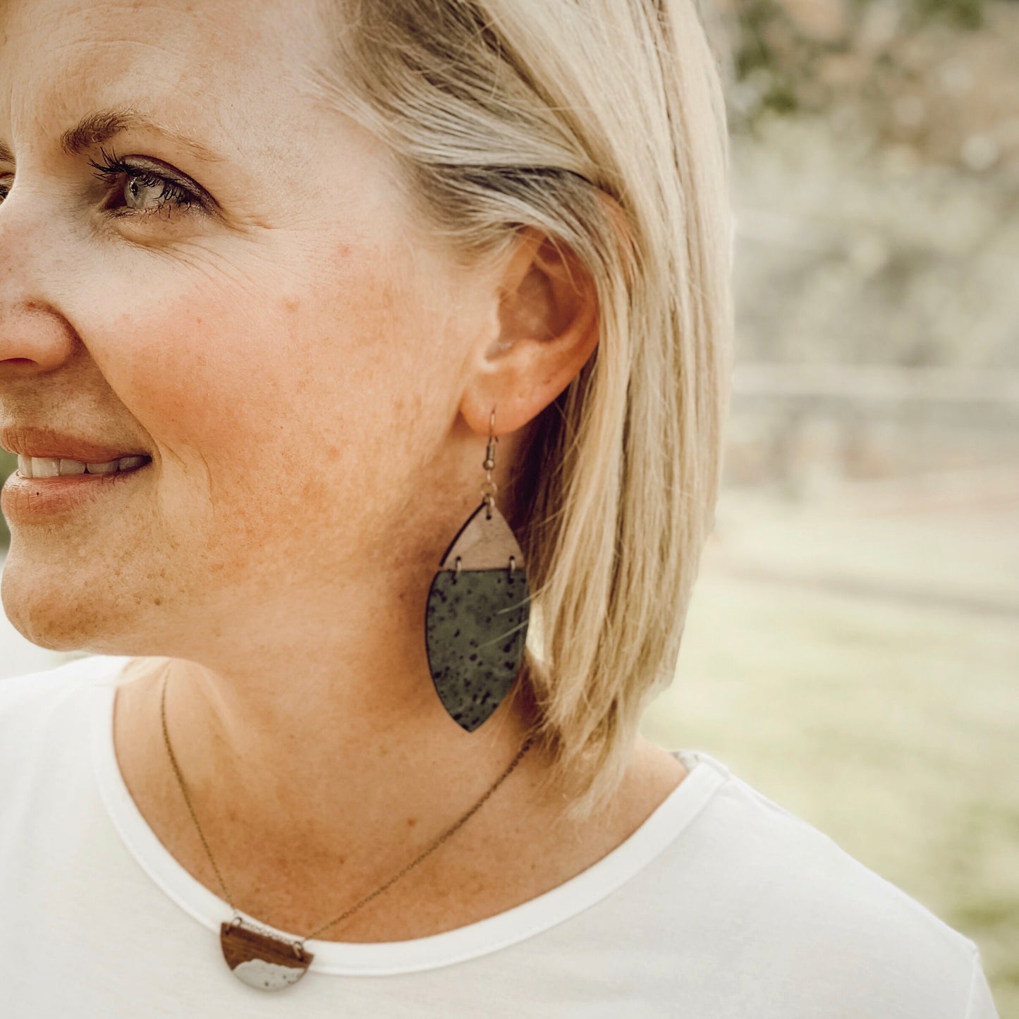 Boho Olive Green Cork & Walnut Wood Earrings