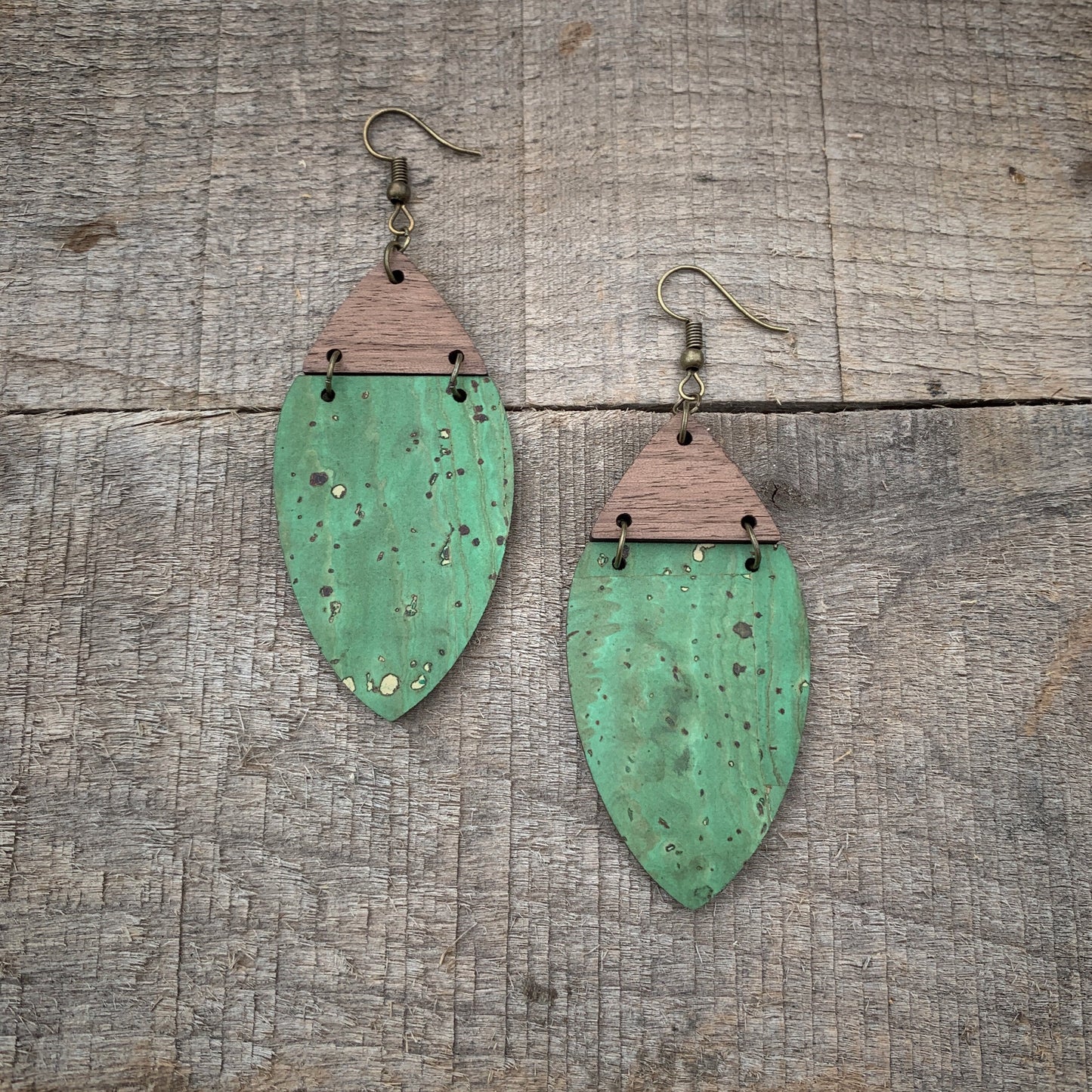 Boho Cactus (bright) Green Cork & Walnut Wood Earrings - Spring Earrings